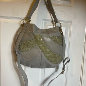 Cynthia Rowley Gray and Olive Patchwork Satchel/Shoulder Bag.Brass hardwares.